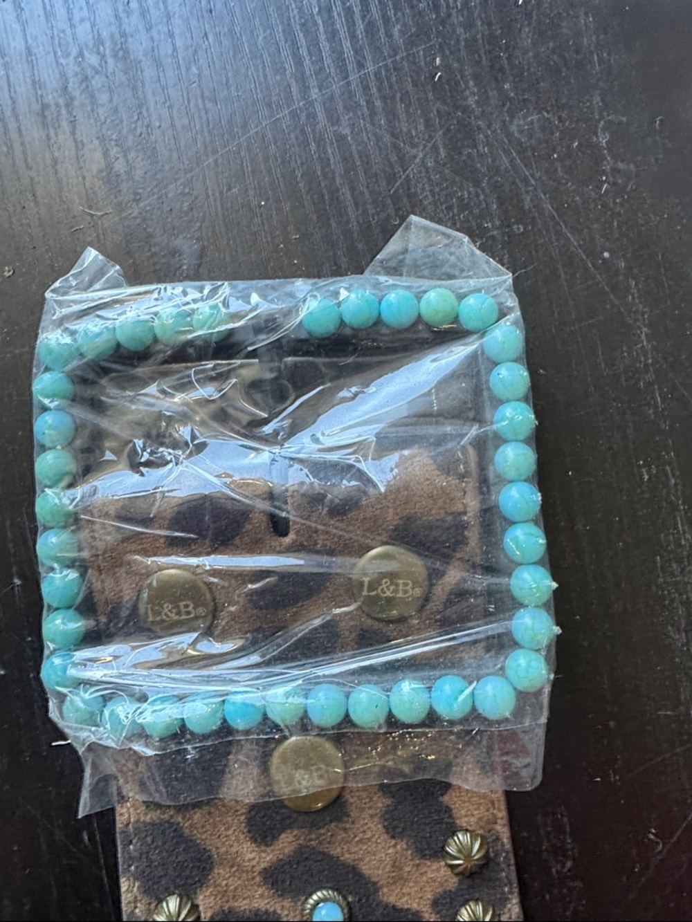 L&B Brown Leopard Print Western Belt with Turquoise Stud Accents - Picture 2 of 2